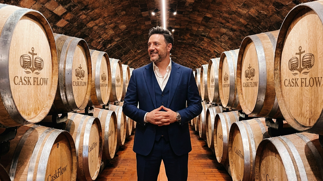 Guy Koubbi standing in a whisky cask warehouse